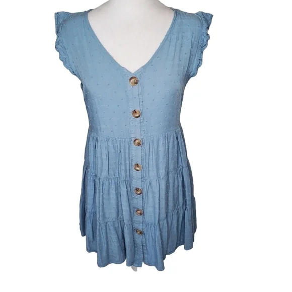 blu pepper Women’s Tiered Chambray Button Front Dress Ruffle Sleeve Size Medium - Picture 2 of 7